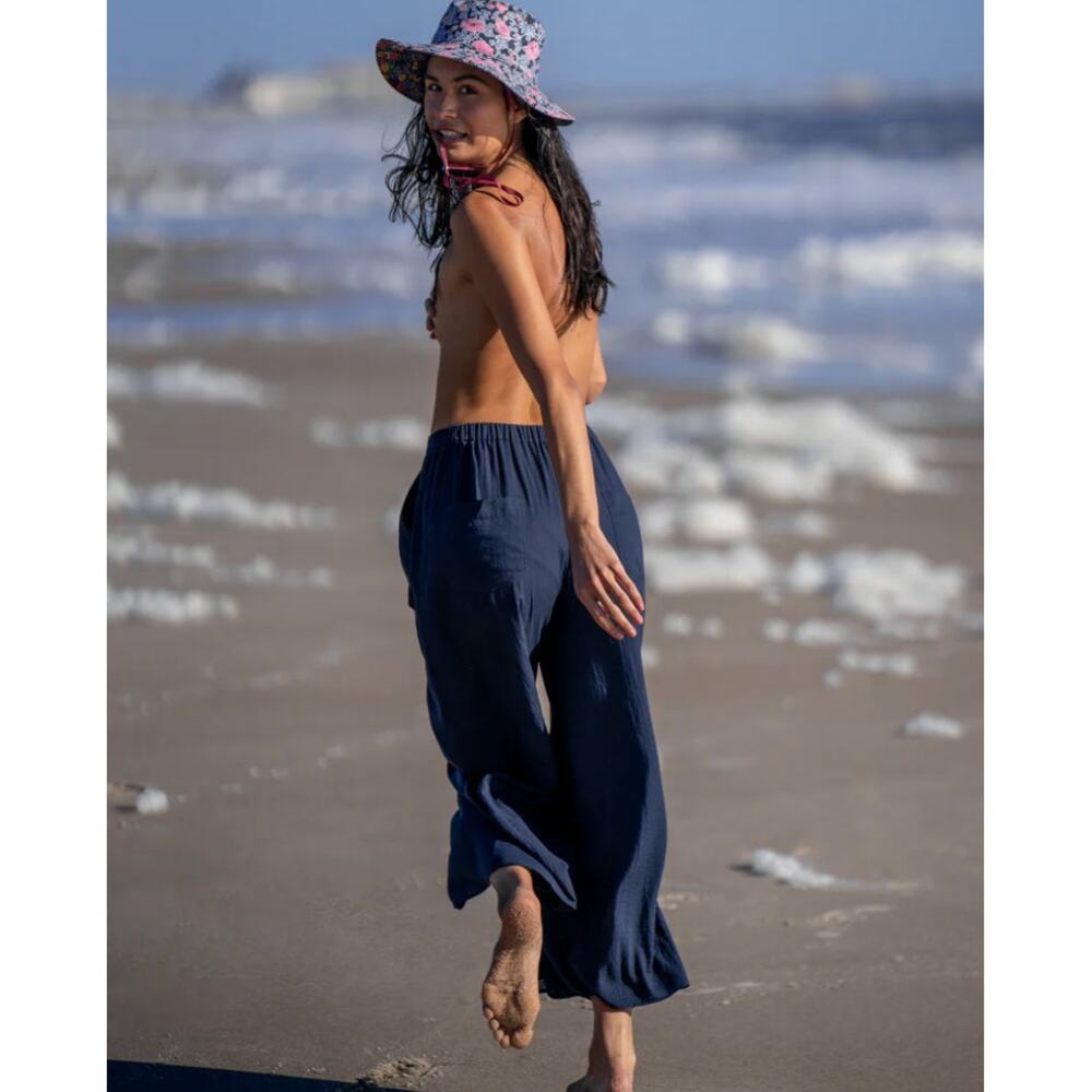 RAQUEL ALLEGRA Cotton Gauze Wide Leg Pull On Pants Navy Blue {BB48}